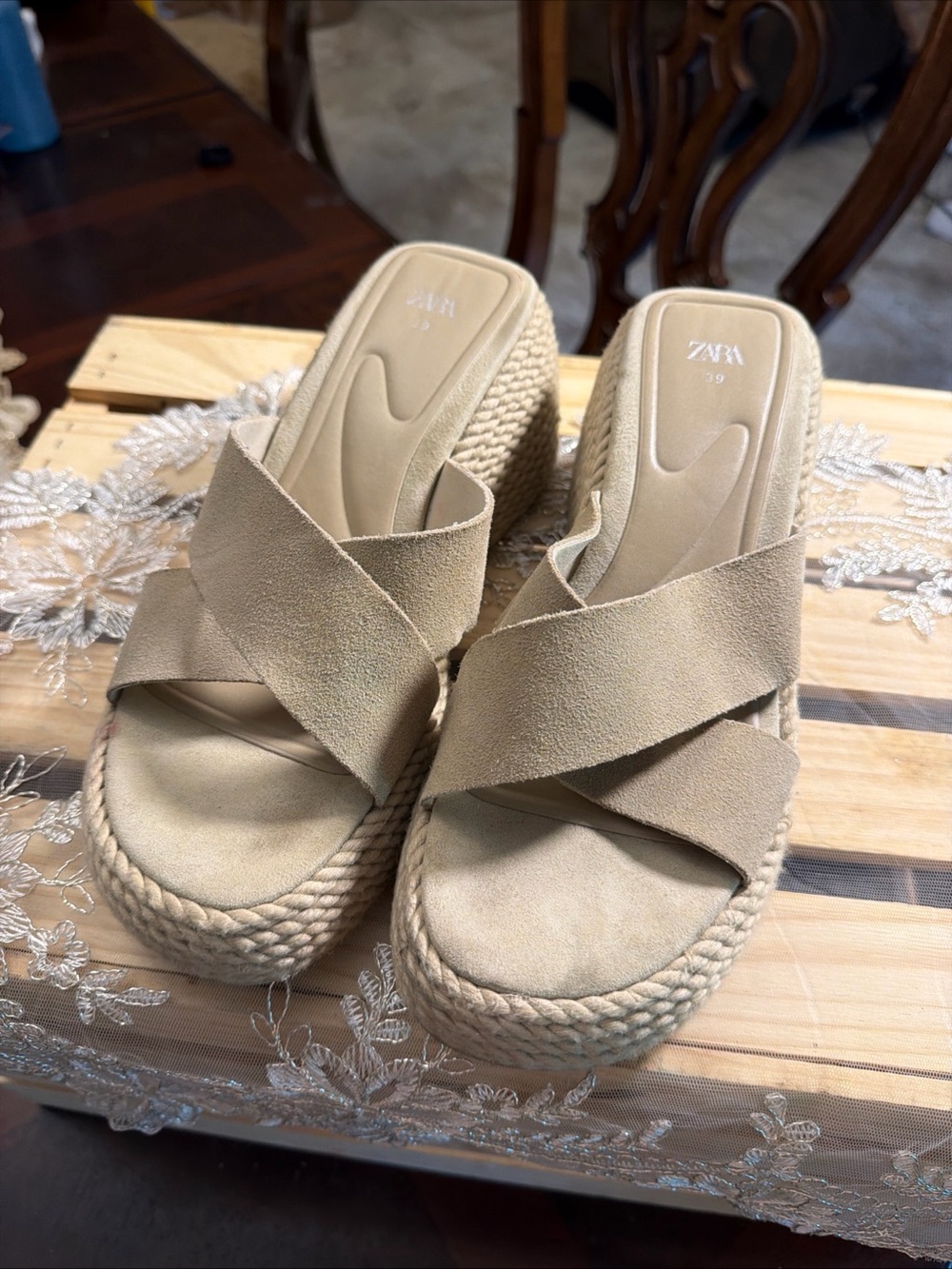 ZARA Tan Suede Crisscross Espadrille Wedge Sandals
